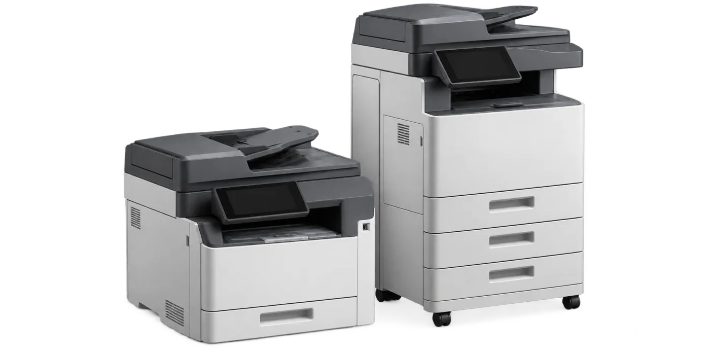 Illustrative compact and floor-standing multifunction printers